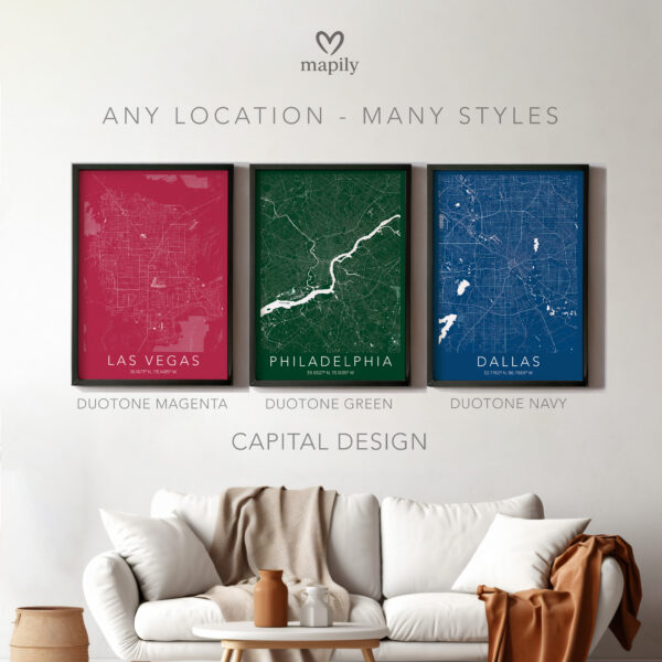Framed art print featuring Any Location Map Print, offering a balance of simplicity and sentiment