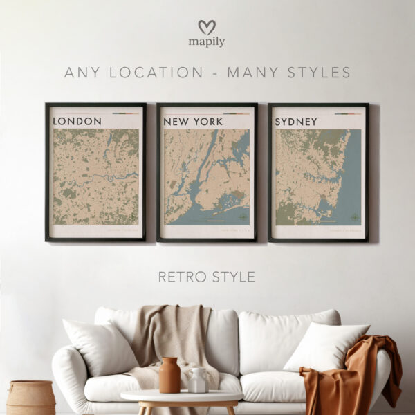 Stylish wall print highlighting Any Location Map, crafted for timeless interiors