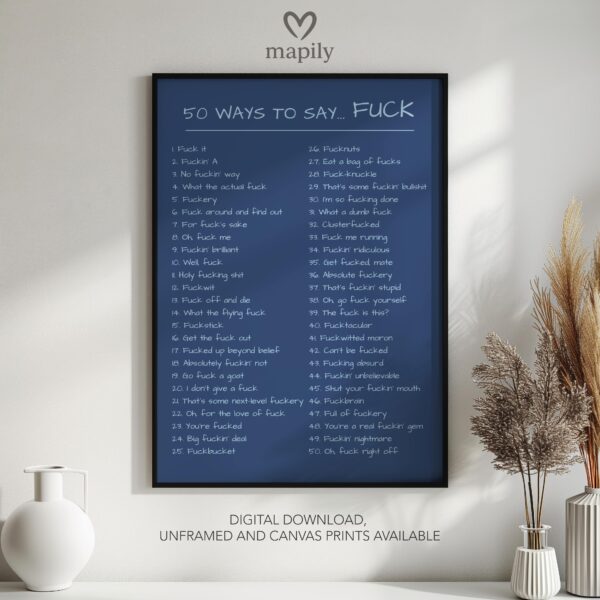 Clean and modern typography artwork 30 Ways to Say Fuck, ideal for home office inspiration