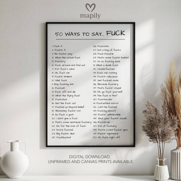 Elegant black-and-white framed print 30 Ways to Say Fuck, great for contemporary living rooms or hallways