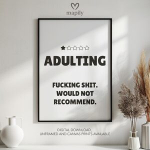 Modern framed wall art piece featuring a simple yet elegant design Adulting Shit, suited for any interior style
