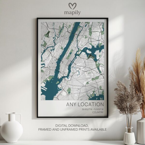 Refined and minimalist wall art of Any Location Map Print, suitable for every design taste