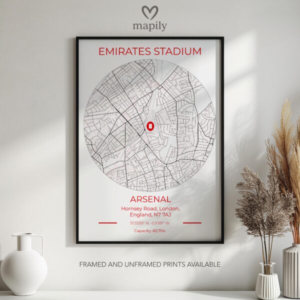 Tasteful art piece Arsenal Stadium Map, created to celebrate location and memory