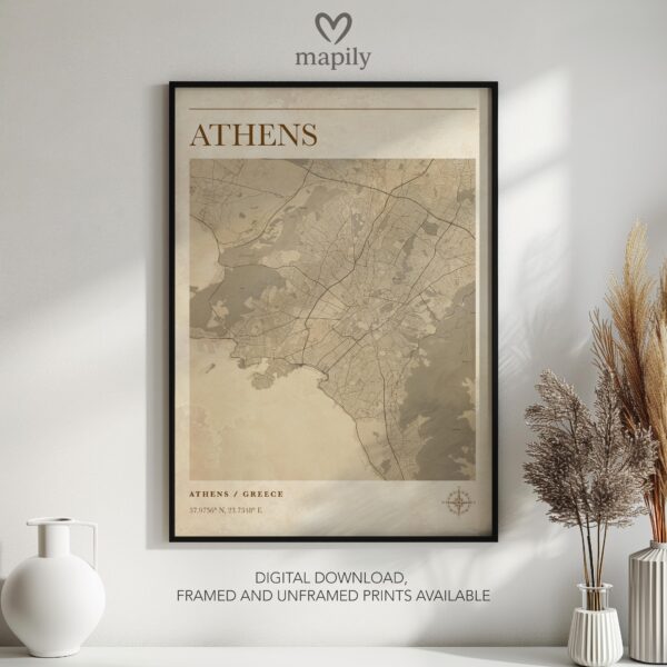 Subtle yet impactful design print Athens Map, highlighting place and meaning