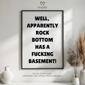 Clean and minimal wall art design with a striking statement Rock Bottom Basement, ideal for home or office spaces