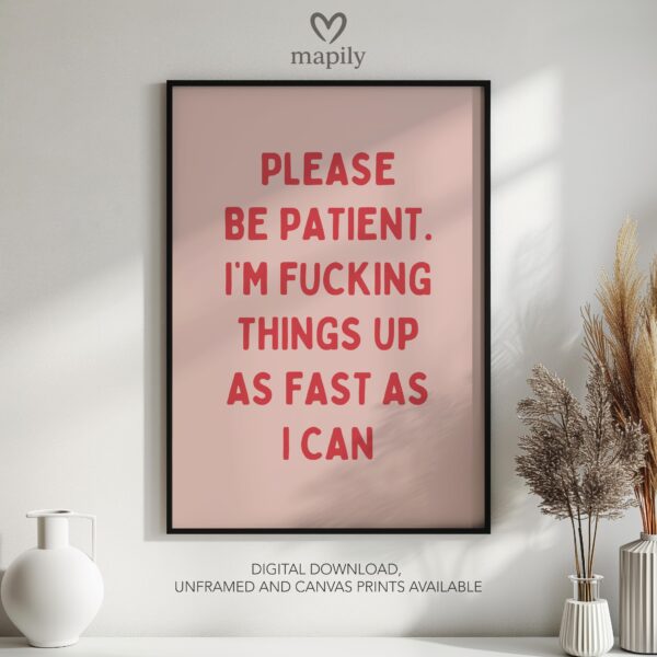 Framed quote artwork Please Be Patient, Im Fucking Things Up As Fast As I Can with clean lines and a modern visual balance