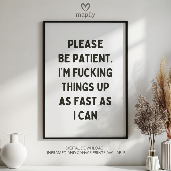 Framed modern wall art Please Be Patient, Im Fucking Things Up As Fast As I Can, perfect for those who love bold and expressive interiors
