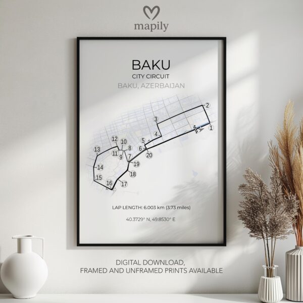 Sleek map-inspired artwork of Baku F1, designed to complement your space