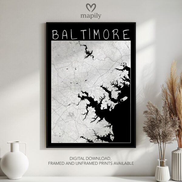 Clean layout print featuring Baltimore Map, ideal for modern living spaces