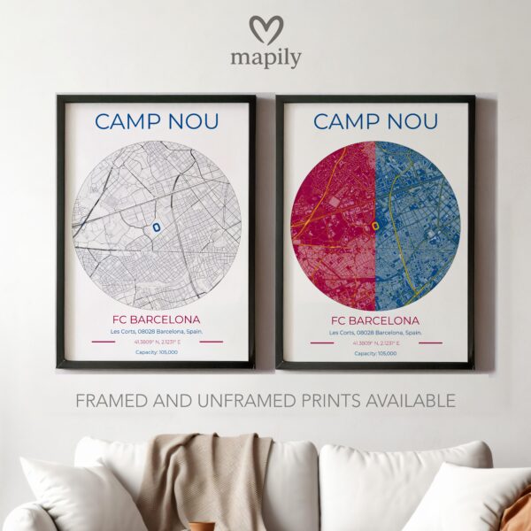 Striking graphic representation of Barcelona Stadium Map, designed to complement modern decor