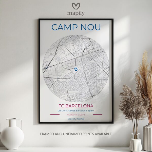 Sleek map-inspired artwork of Barcelona Stadium Map, designed to complement your space