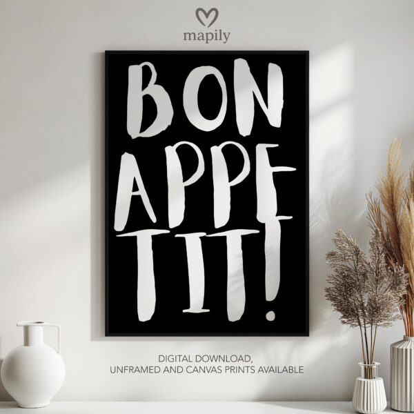 Elegant black-and-white framed print BonAppetit, great for contemporary living rooms or hallways