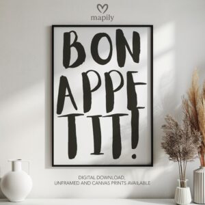 Bold framed quote print BonAppetit, combining minimalism with a sense of humor or edge
