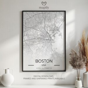 Clean layout print featuring Boston Map, ideal for modern living spaces