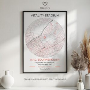 Framed art print featuring Bournemouth Stadium Map, offering a balance of simplicity and sentiment