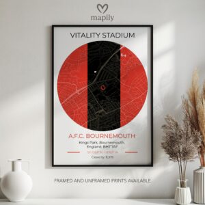 Framed modern design print Bournemouth Stadium Map, created with visual clarity and purpose