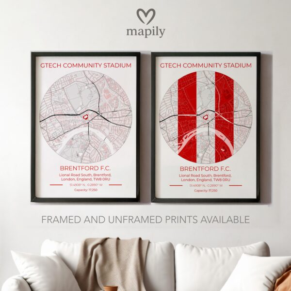 Framed and refined artwork of Brentford Stadium Map, designed for stylish interiors