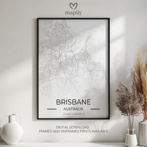 Clean and bold design showcasing Brisbane Map, ideal for a gallery wall