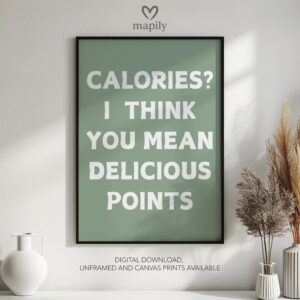 Elegant typography wall art Calories I Think You Mean Delicious Points, designed to complement minimalist and contemporary interiors