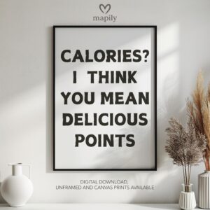Clean and minimal wall art design with a striking statement Calories I Think You Mean Delicious Points, ideal for home or office spaces
