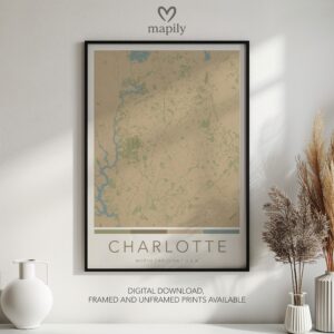 Tasteful art piece Charlotte Map, created to celebrate location and memory