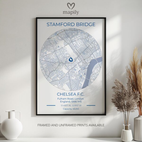 Clean and bold design showcasing Chelsea Stadium Map, ideal for a gallery wall