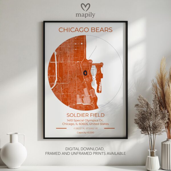 Tasteful art piece Chicago Bears Stadium Map, created to celebrate location and memory