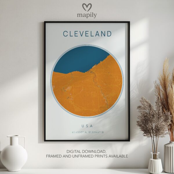 Stylish wall print highlighting Cleveland Map, crafted for timeless interiors