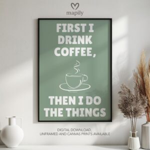Typographic art print Coffee First, bringing a sharp design edge to minimalist spaces