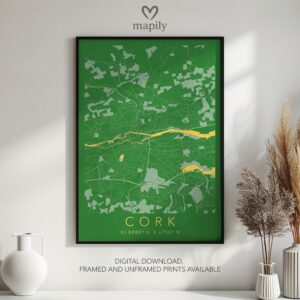 Sleek map-inspired artwork of Cork Map, designed to complement your space