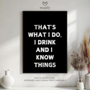 Modern framed wall art piece featuring a simple yet elegant design I Drink And I Know Things, suited for any interior style