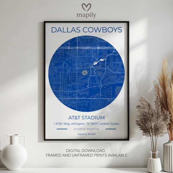 Stylish wall print highlighting Dallas Cowboys Stadium Map, crafted for timeless interiors