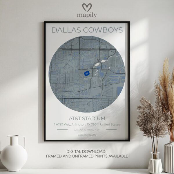 Striking graphic representation of Dallas Cowboys Stadium Map, designed to complement modern decor