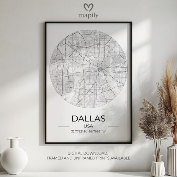 Sleek map-inspired artwork of Dallas City Map, designed to complement your space