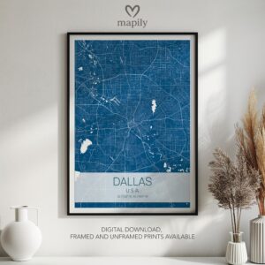 Framed modern design print Dallas Map, created with visual clarity and purpose