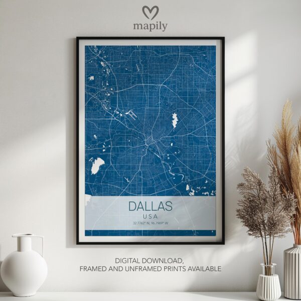 Framed modern design print Dallas Map, created with visual clarity and purpose