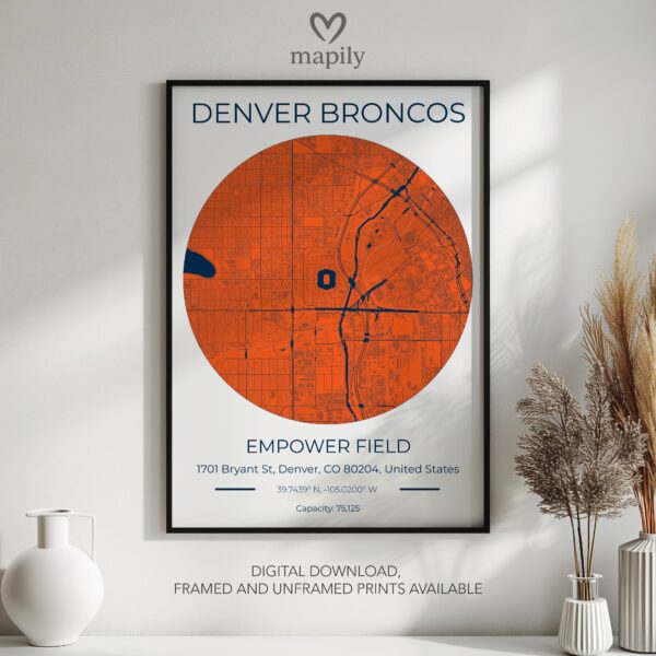 Refined and minimalist wall art of Denver Broncos Stadium Map, suitable for every design taste