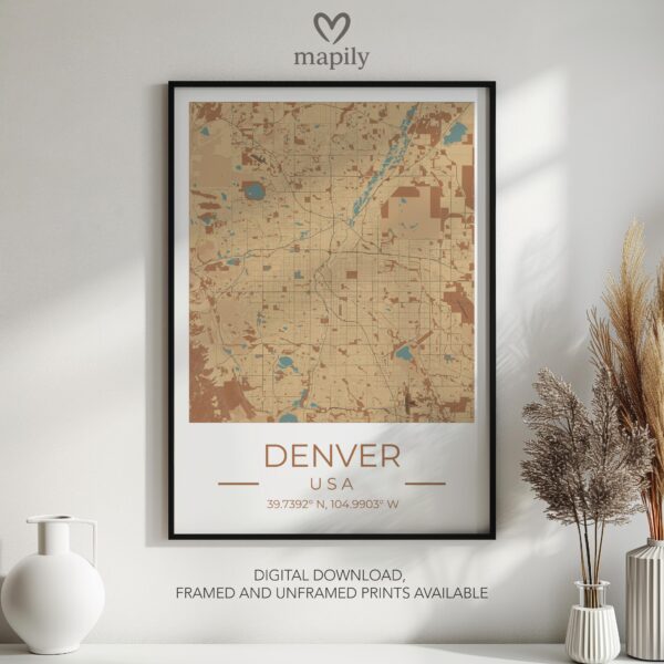 Framed art print featuring Denver Map, offering a balance of simplicity and sentiment