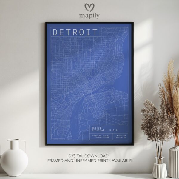 Refined and minimalist wall art of Detroit Map, suitable for every design taste