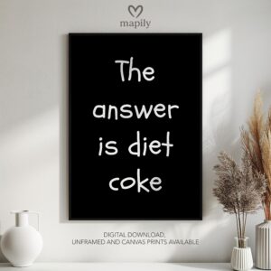 Framed modern wall art The Answer is Diet Coke, perfect for those who love bold and expressive interiors