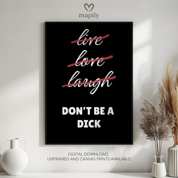 Modern framed wall art piece featuring a simple yet elegant design Dont Be A Dick, suited for any interior style