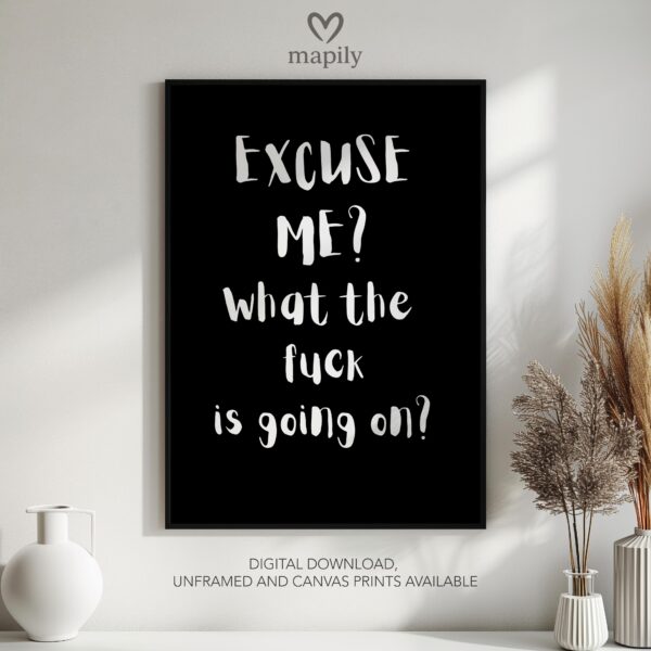 Bold framed quote print Excuse Me, What The Fuck Is Going On, combining minimalism with a sense of humor or edge