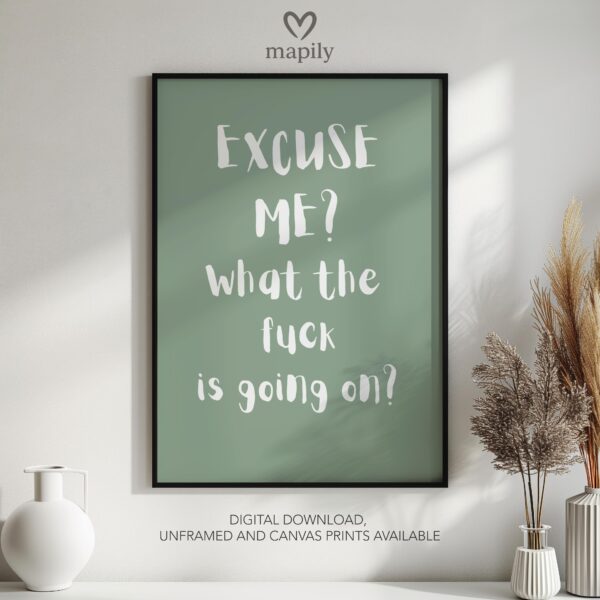 Sleek and stylish framed wall print featuring a bold, artistic statement Excuse Me, What The Fuck Is Going On, perfect for modern decor lovers