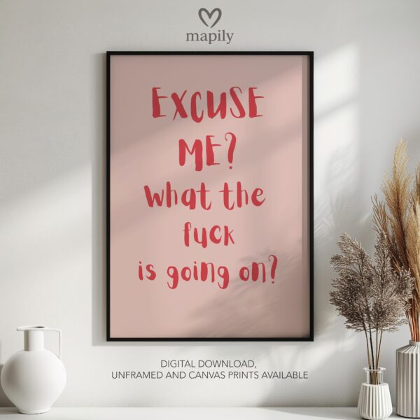Monochrome text-based print with a refined and timeless look Excuse Me, What The Fuck Is Going On, adding sophistication to any space