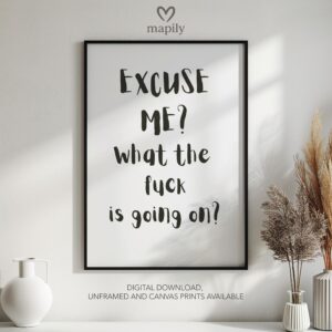 Monochrome statement print with a strong visual presence Excuse Me, What The Fuck Is Going On, ideal for adding personality to a room
