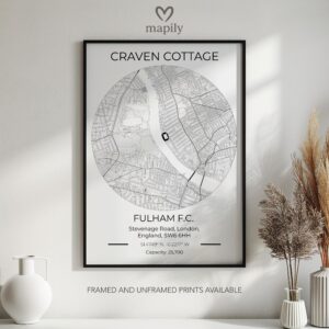 Sleek map-inspired artwork of Fulham Stadium Map, designed to complement your space