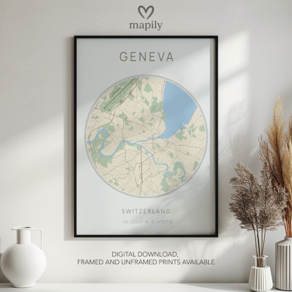 Meaningful location art Geneva Map, brought to life in a modern style