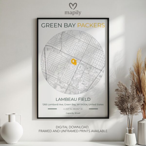 Framed art print featuring Green Bay Packers Stadium Map, offering a balance of simplicity and sentiment