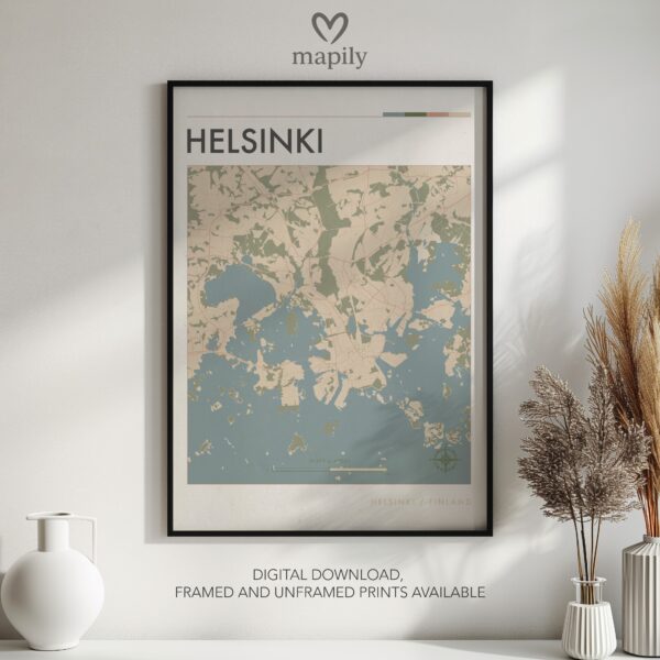 Framed and refined artwork of Helsinki Map, designed for stylish interiors
