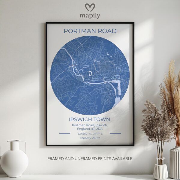 Minimalist map-inspired artwork Ipswich Town Stadium Map, ideal for a thoughtful interior touch